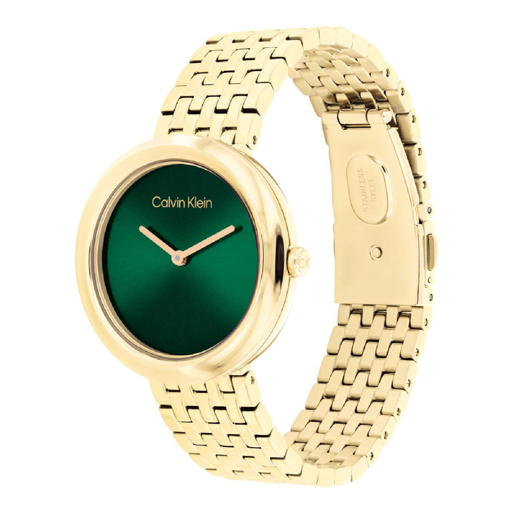 Montre Calvin Klein Sculptural Twisted Bezel Femme – Cadran vert soleillé & acier doré
