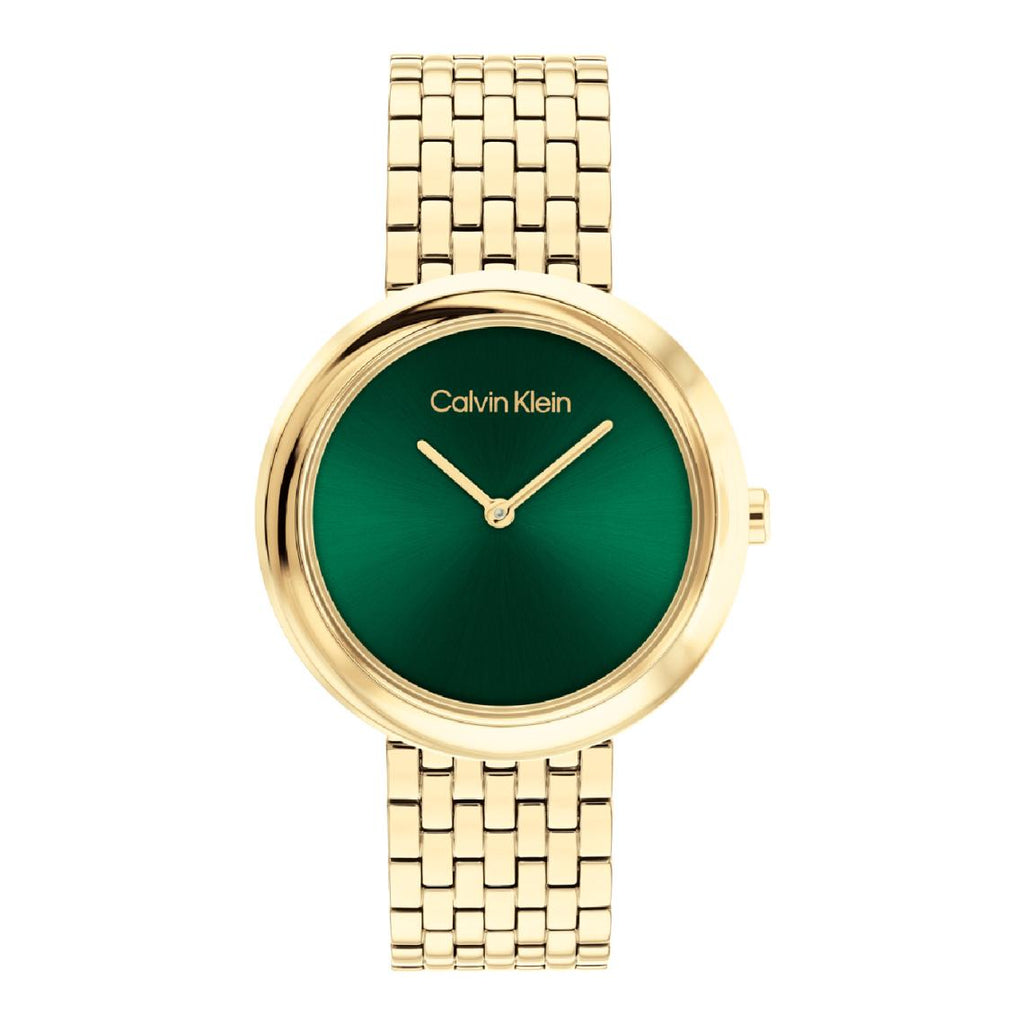 Montre Calvin Klein Sculptural Twisted Bezel Femme – Cadran vert soleillé & acier doré
