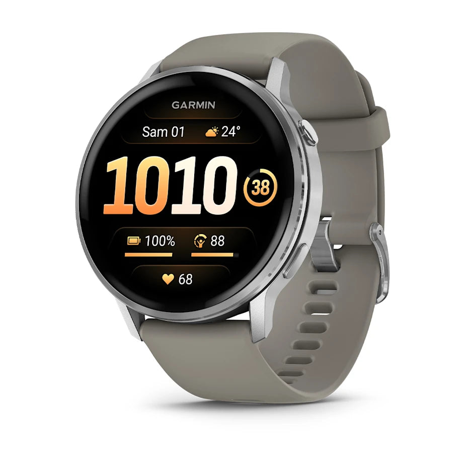 Garmin Venu 4 45 mm Silver avec bracelet silicone gris et écran AMOLED