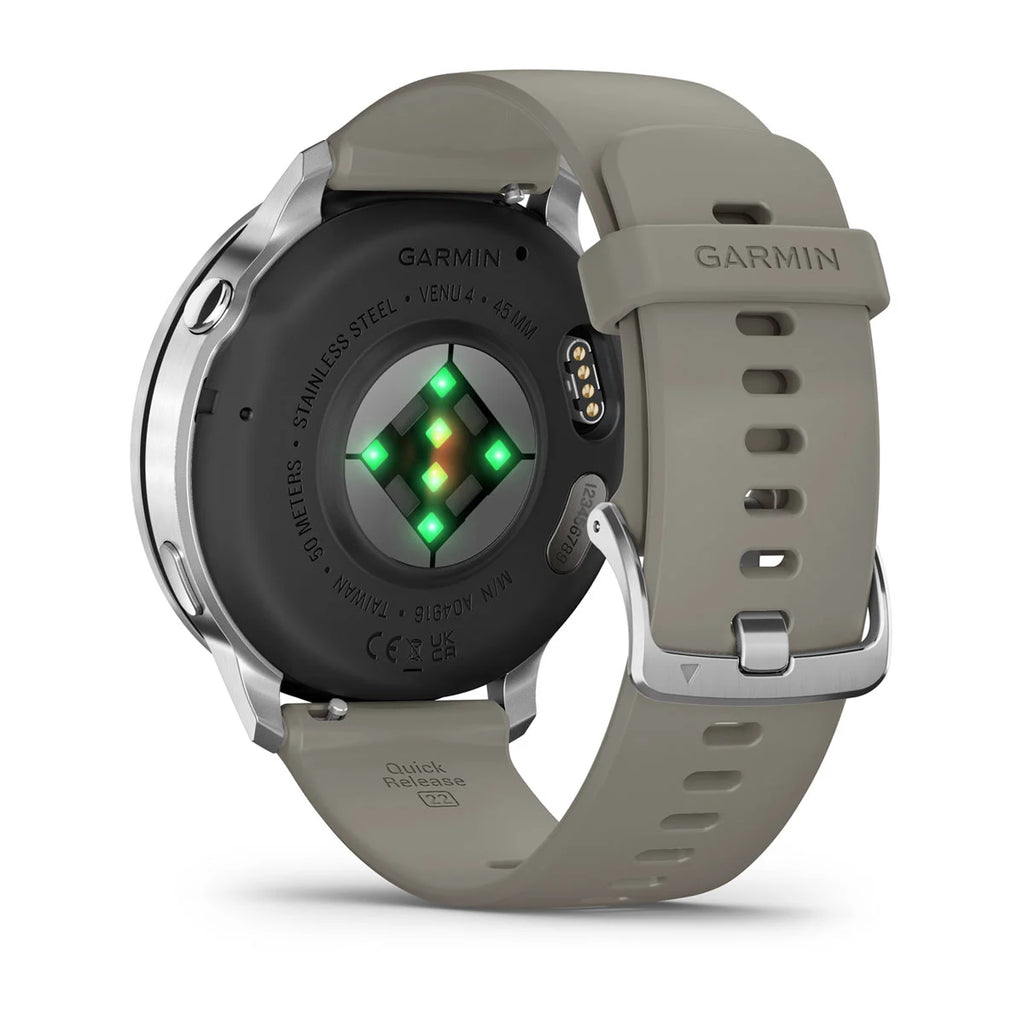 Garmin Venu 4 45 mm Silver avec bracelet silicone gris et écran AMOLED
