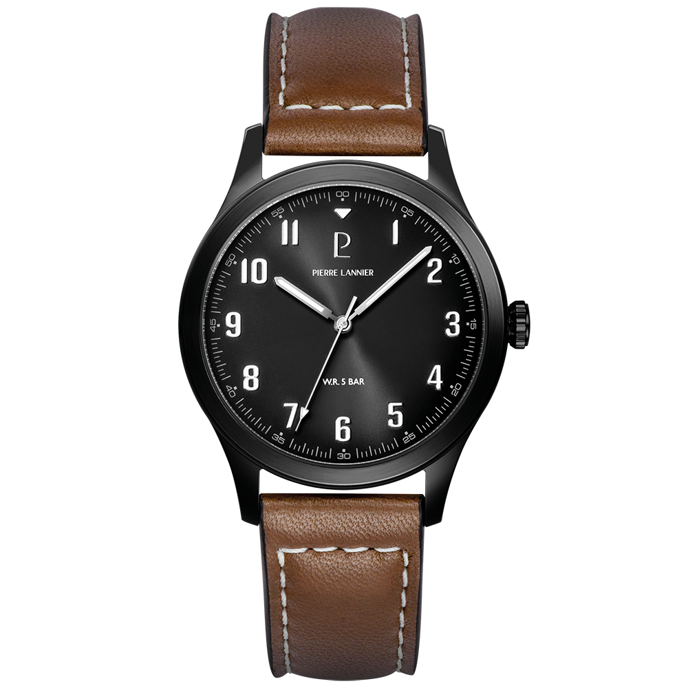 montre Pierre Lannier Aviateur 261K434 : cadran gris, boîtier noir mat et bracelet cuir brun