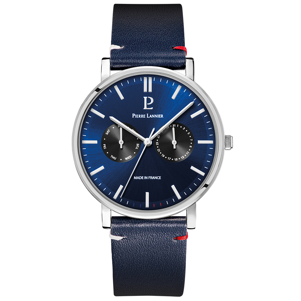 Montre Homme Pierre Lannier Essential 206J166 cadran bleu, boîtier acier, bracelet cuir bleu