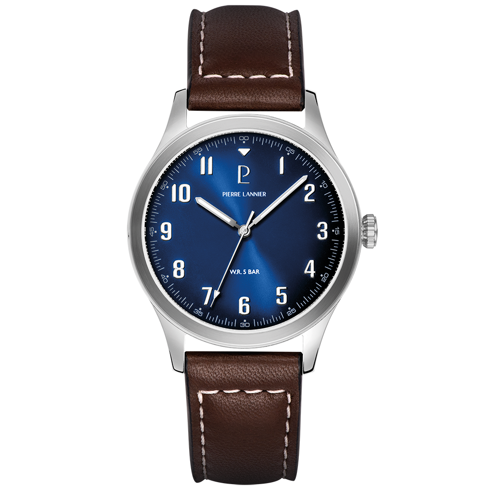 montre homme Pierre Lannier Aviateur 260G164 : cadran bleu, boîtier acier brossé et bracelet cuir marron.