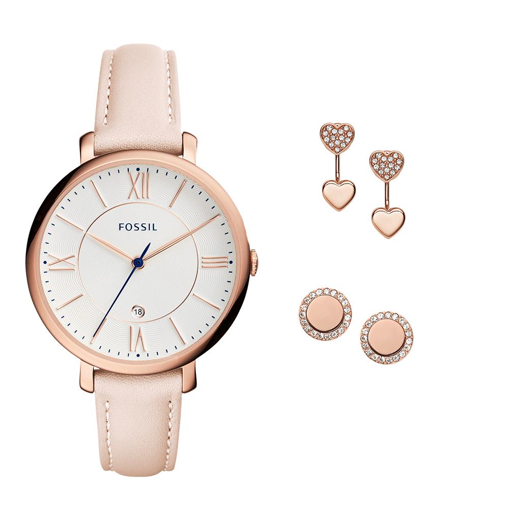 COFFRET FOSSIL MONTRE ET BOUCLES D'OREILLES